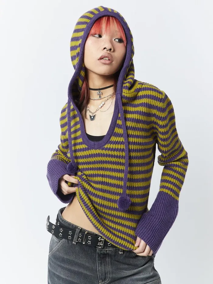 Women Minga London Sweaters and Hoodies Paige Yellow and Purple Knitted Hoodie