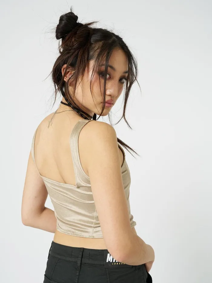 Women Minga London Tops and TShirts Alpine Gold Velvet Corset Crop Top