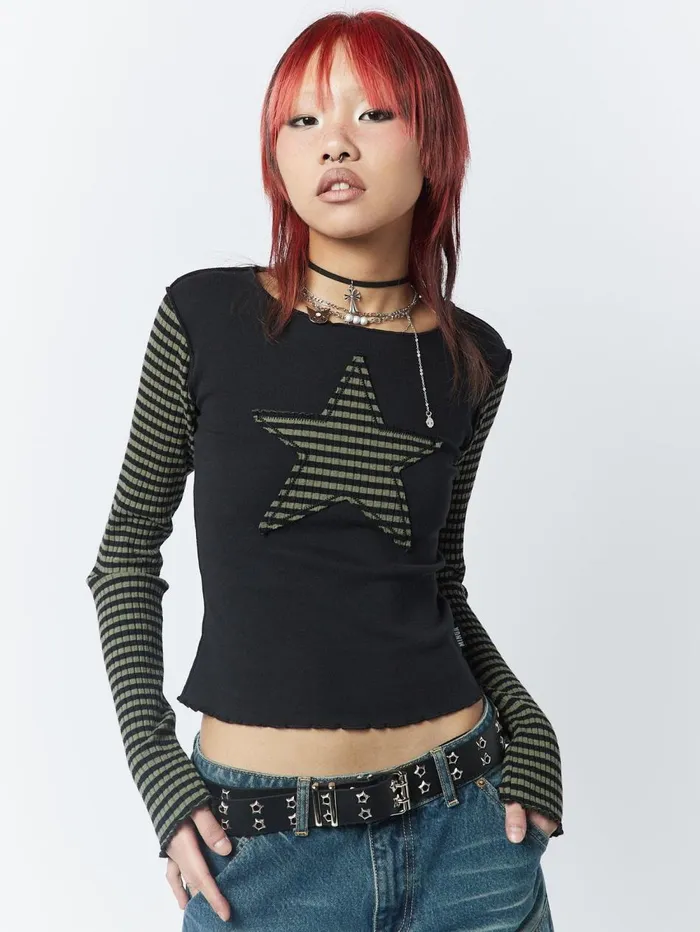 Women Minga London Tops and TShirts Lost Star Green Black Striped Long Sleeve Top