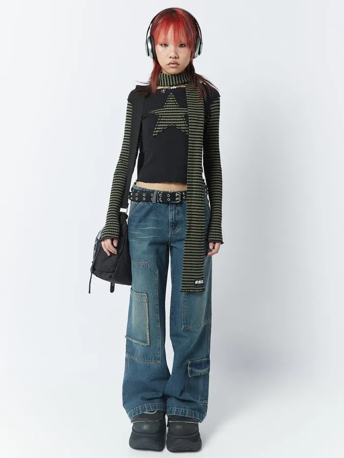 Women Minga London Tops and TShirts Lost Star Green Black Striped Long Sleeve Top