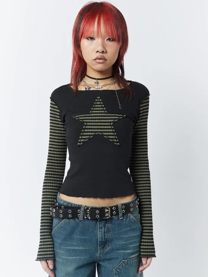 Women Minga London Tops and TShirts Lost Star Green Black Striped Long Sleeve Top