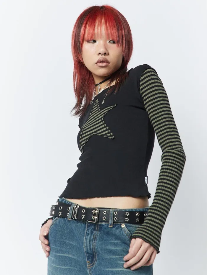 Women Minga London Tops and TShirts Lost Star Green Black Striped Long Sleeve Top
