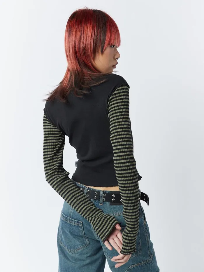 Women Minga London Tops and TShirts Lost Star Green Black Striped Long Sleeve Top