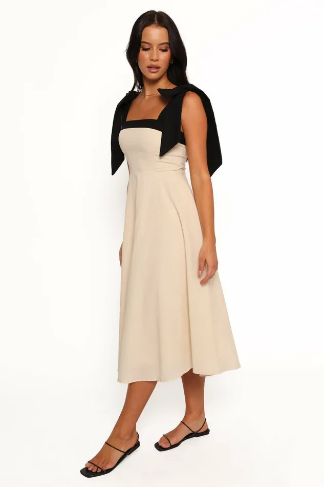 Women Olinda Midi Dress Oatmeal Black Linen Dresses Petal and Pup