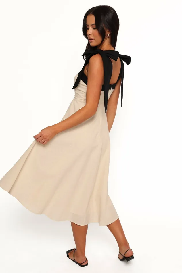 Women Olinda Midi Dress Oatmeal Black Linen Dresses Petal and Pup