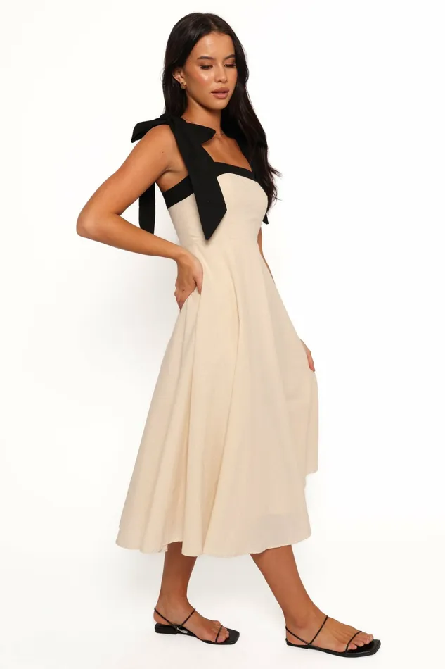Women Olinda Midi Dress Oatmeal Black Linen Dresses Petal and Pup