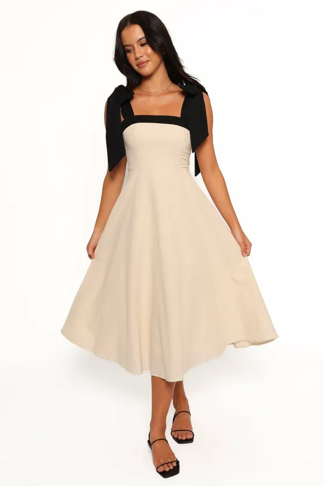 Women Olinda Midi Dress Oatmeal Black Linen Dresses Petal and Pup