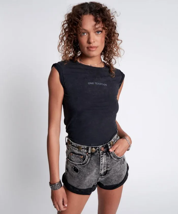 Women ONE TEASPOON ORGANIC FITTED LOGO TEE BLACK One Teaspoon Tees and Tanks