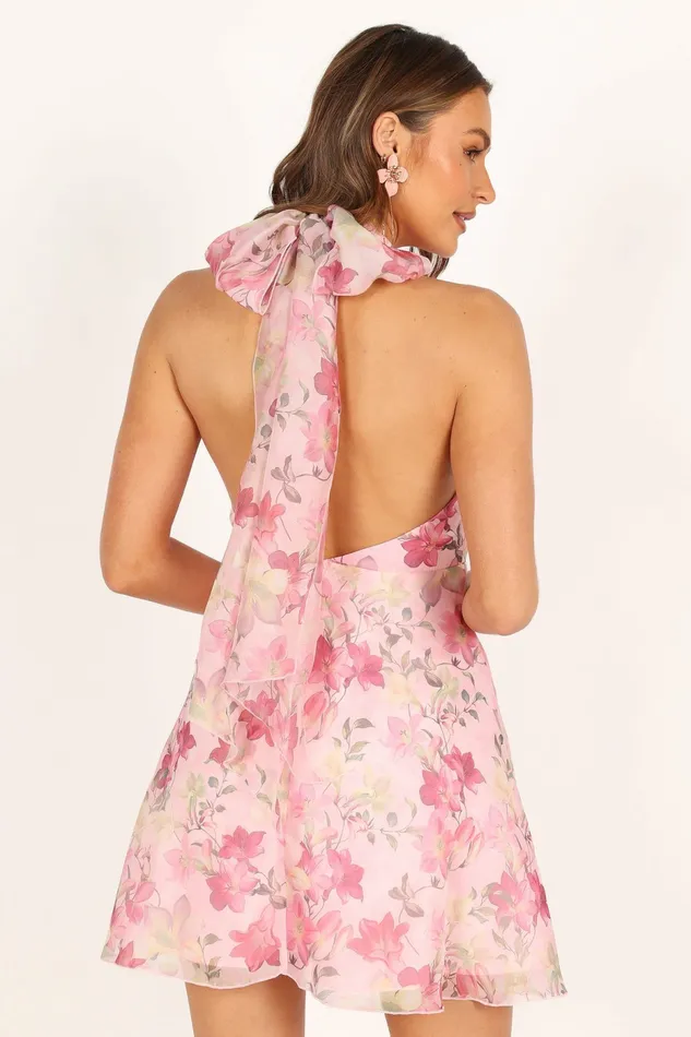 Women Petal and Pup Gardenia Halter Mini Dress Pink Floral Floral Dresses