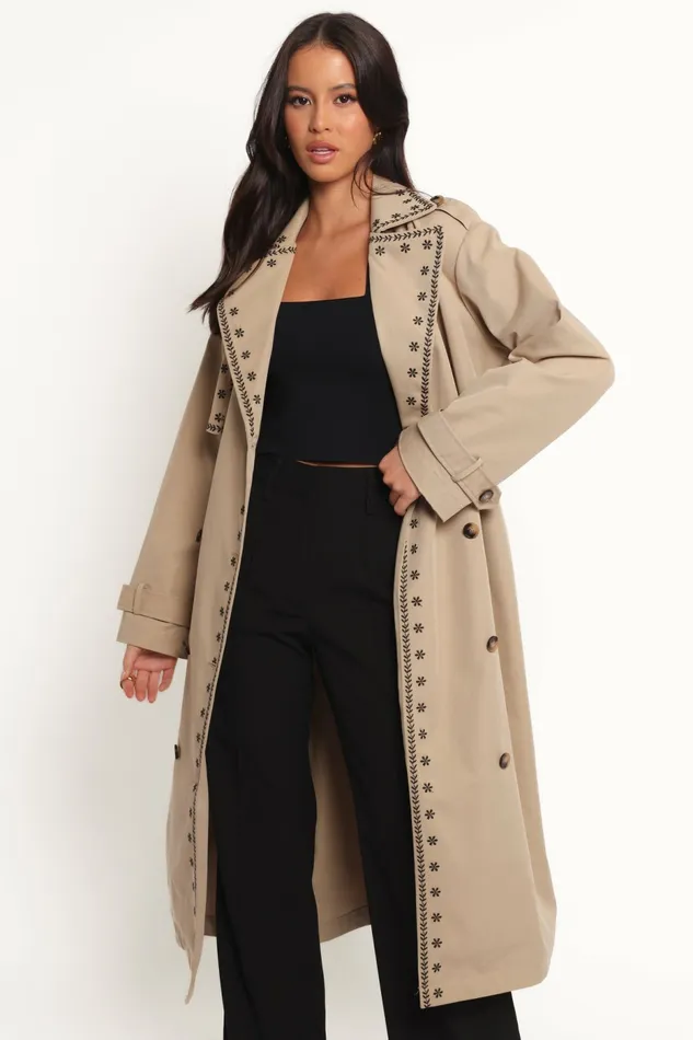 Women Petal and Pup Grayson Embroidered Trim Trench Coat Taupe Jackets and Coats Women Petal and Pup Grayson Embroidered Trim Trench Coat Taupe Jackets and Coats