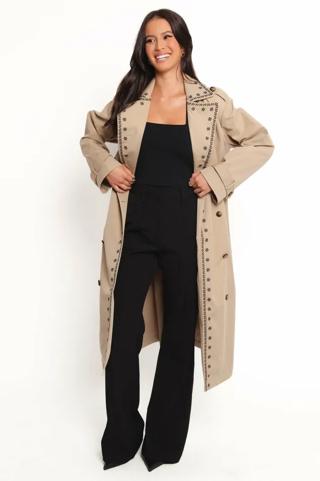Women Petal and Pup Grayson Embroidered Trim Trench Coat Taupe Jackets and Coats