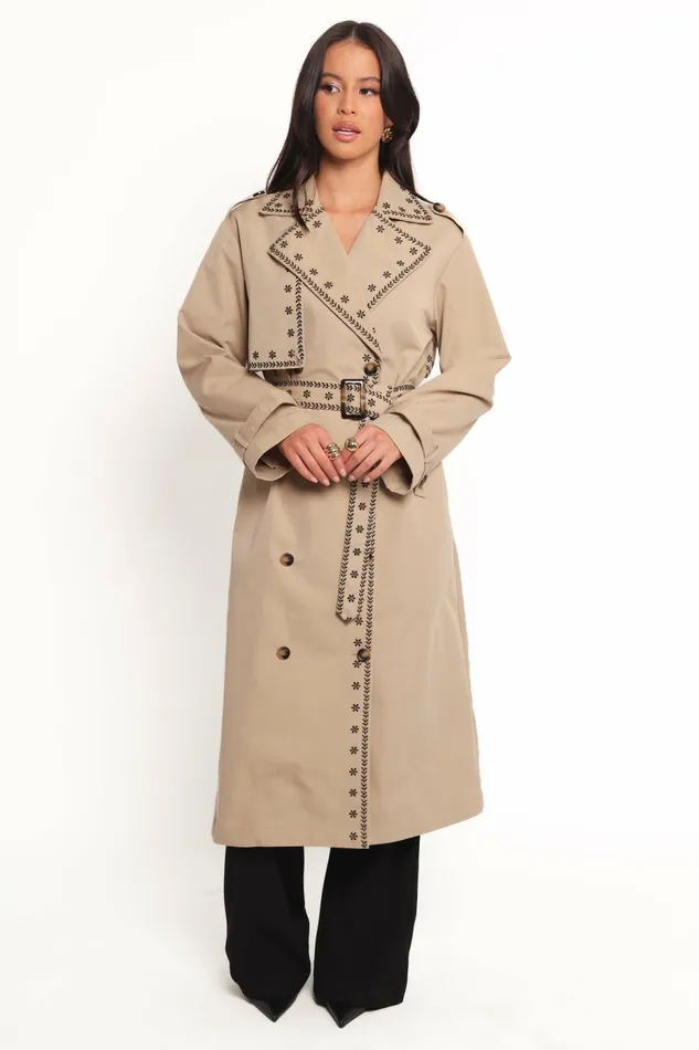 Women Petal and Pup Grayson Embroidered Trim Trench Coat Taupe Jackets and Coats