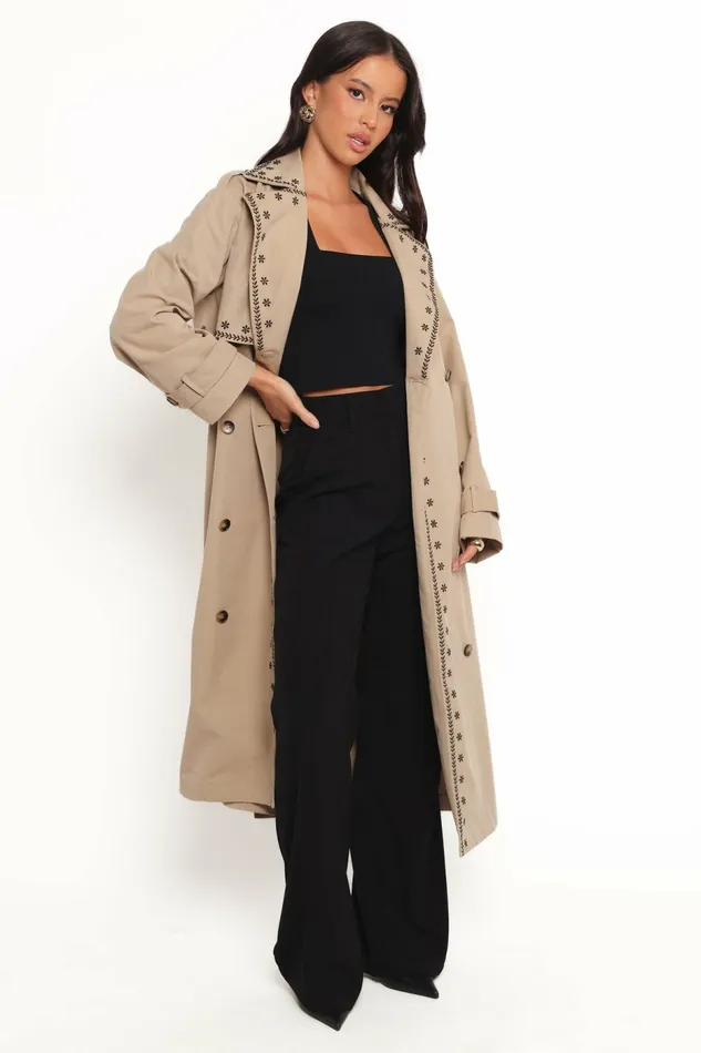 Women Petal and Pup Grayson Embroidered Trim Trench Coat Taupe Jackets and Coats