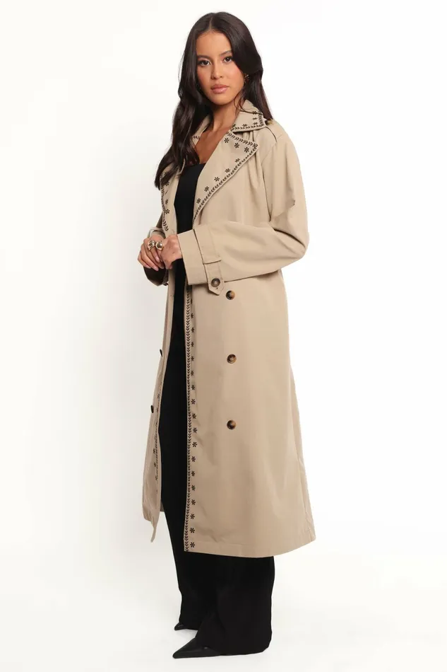 Women Petal and Pup Grayson Embroidered Trim Trench Coat Taupe Jackets and Coats