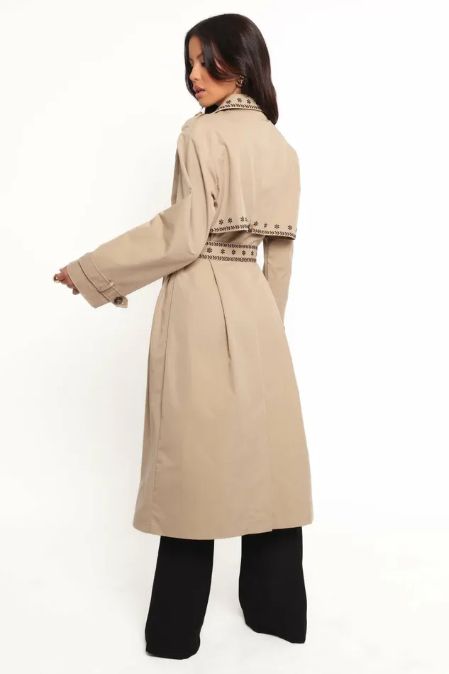Women Petal and Pup Grayson Embroidered Trim Trench Coat Taupe Jackets and Coats