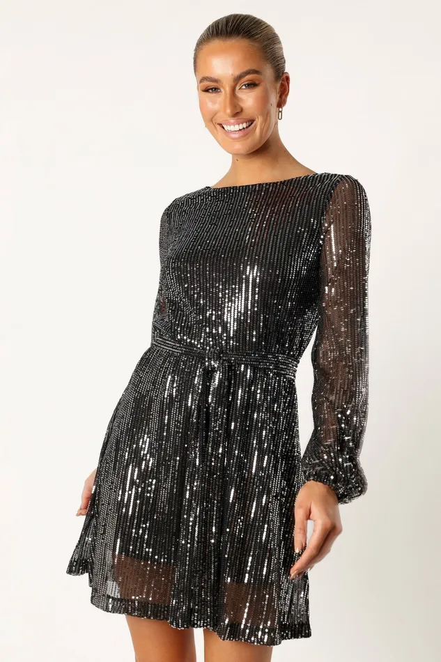 Women Petal and Pup Linnie Long Sleeve Mini Dress Black Sequin Event Dresses