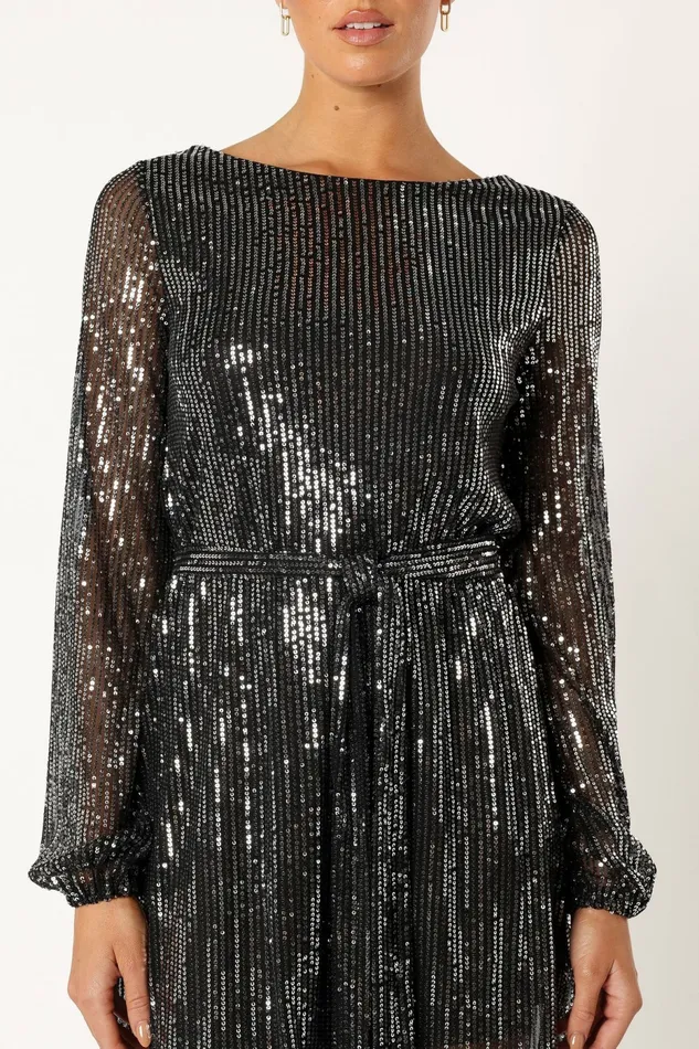 Women Petal and Pup Linnie Long Sleeve Mini Dress Black Sequin Event Dresses