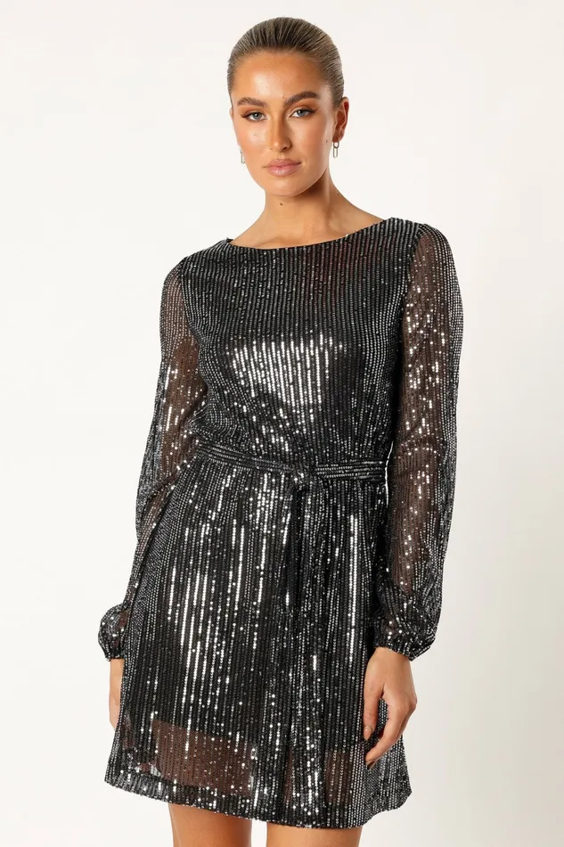 Women Petal and Pup Linnie Long Sleeve Mini Dress Black Sequin Event Dresses