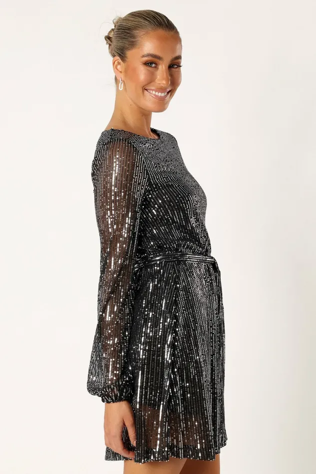 Women Petal and Pup Linnie Long Sleeve Mini Dress Black Sequin Event Dresses