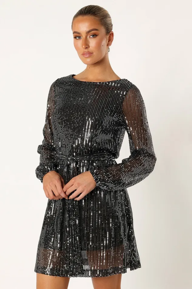 Women Petal and Pup Linnie Long Sleeve Mini Dress Black Sequin Event Dresses