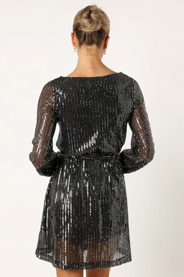 Women Petal and Pup Linnie Long Sleeve Mini Dress Black Sequin Event Dresses