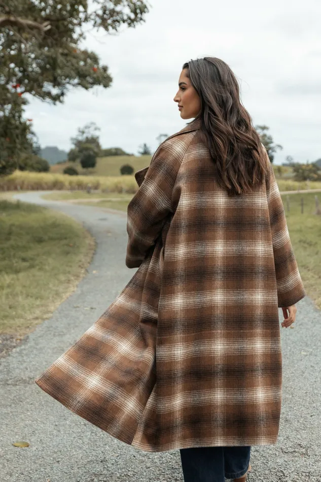 Women Petal and Pup Maya Long Coat Brown Check Jackets and Coats