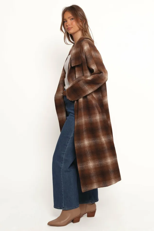 Women Petal and Pup Maya Long Coat Brown Check Jackets and Coats