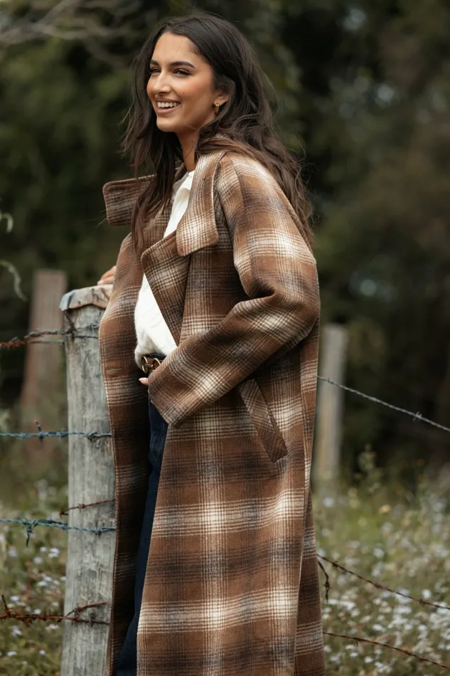 Women Petal and Pup Maya Long Coat Brown Check Jackets and Coats