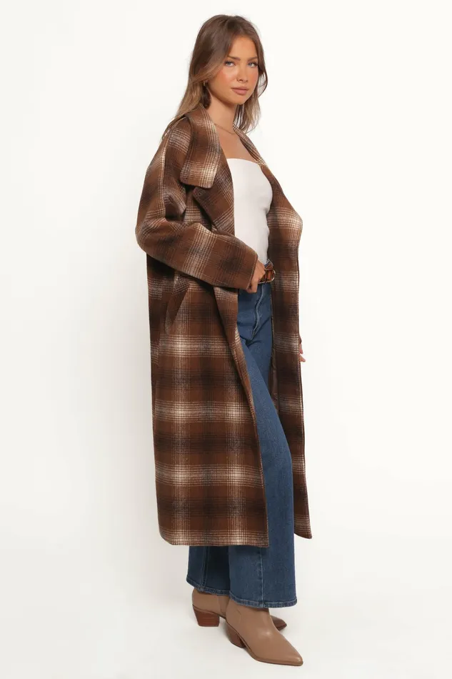 Women Petal and Pup Maya Long Coat Brown Check Jackets and Coats