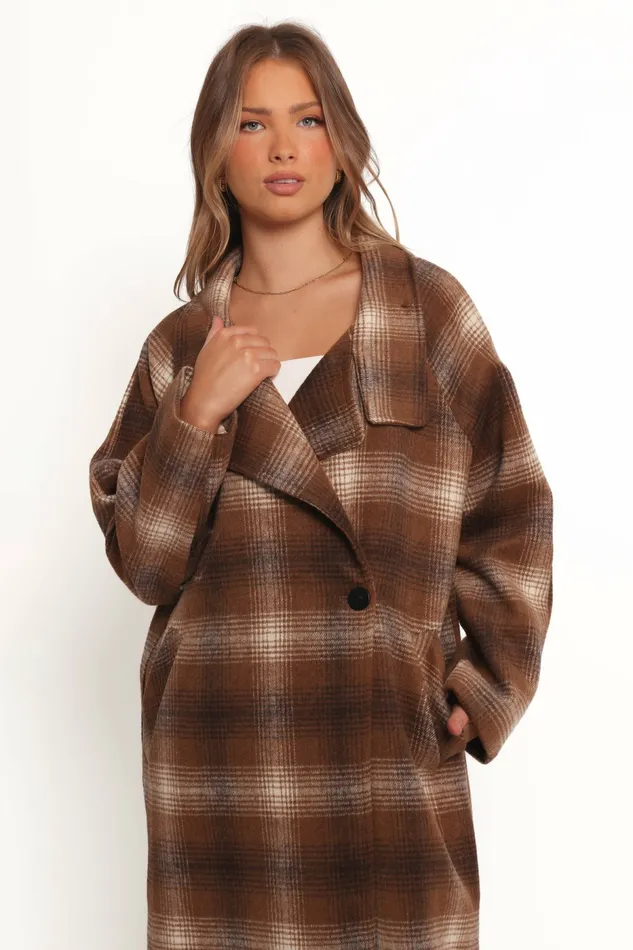 Women Petal and Pup Maya Long Coat Brown Check Jackets and Coats