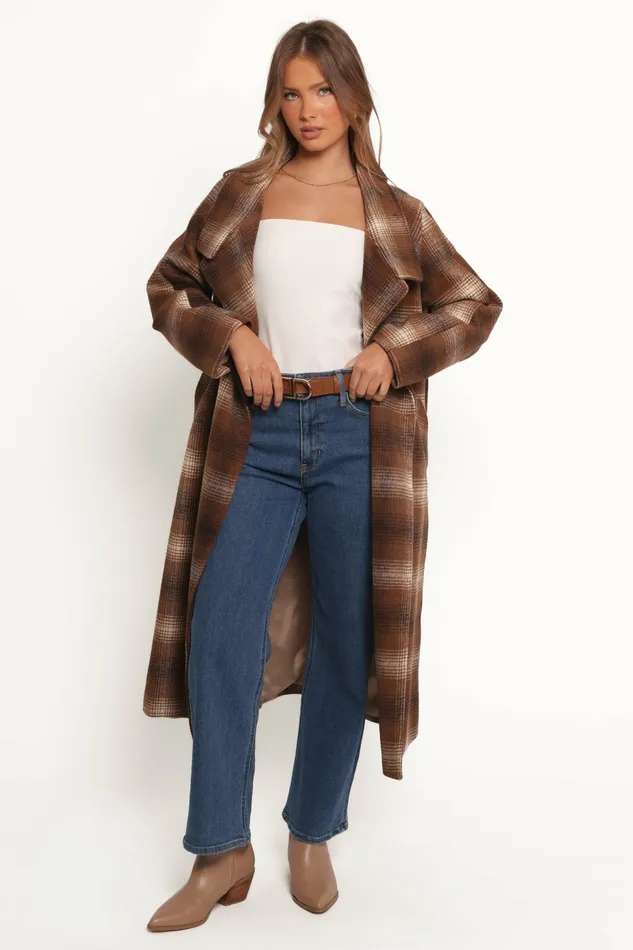 Women Petal and Pup Maya Long Coat Brown Check Jackets and Coats
