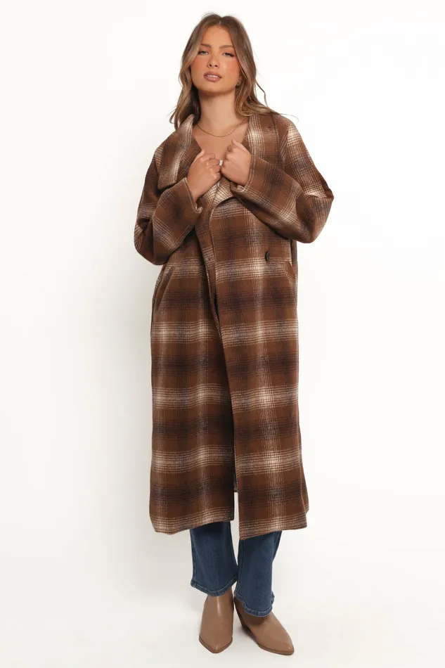 Women Petal and Pup Maya Long Coat Brown Check Jackets and Coats