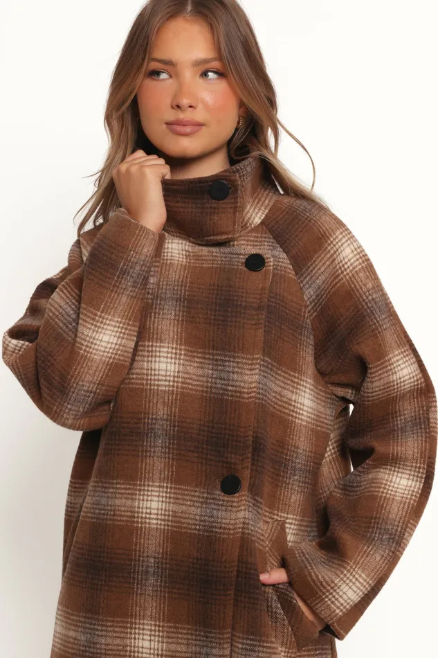 Women Petal and Pup Maya Long Coat Brown Check Jackets and Coats