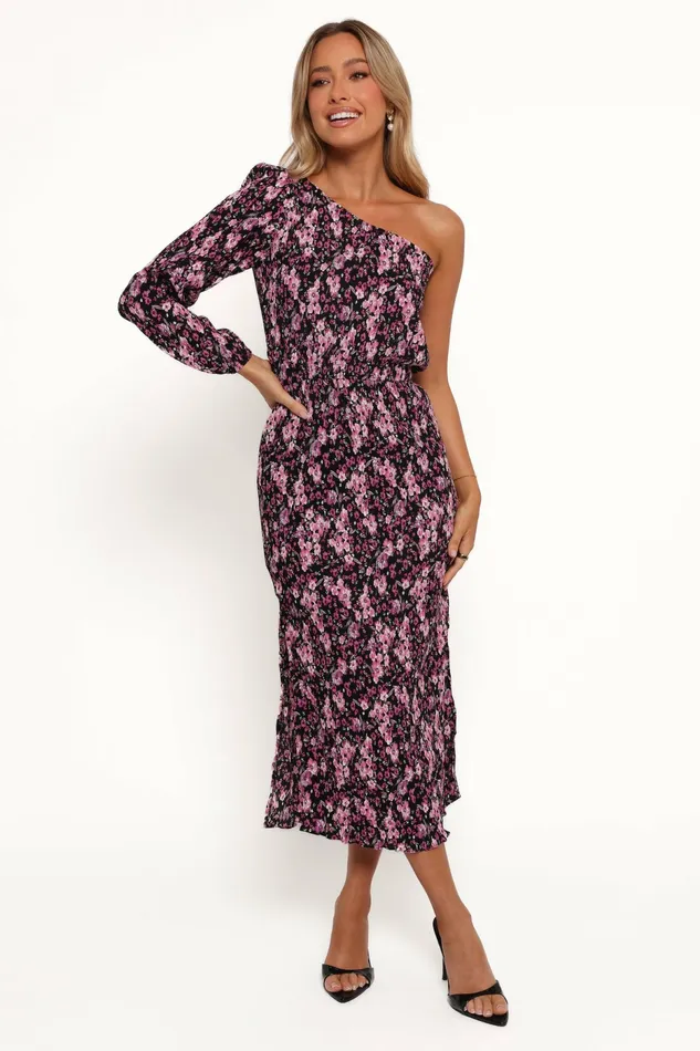 Women Petal and Pup Pontee One Shoulder Pleated Midi Dress BlackPurple Fall Dresses