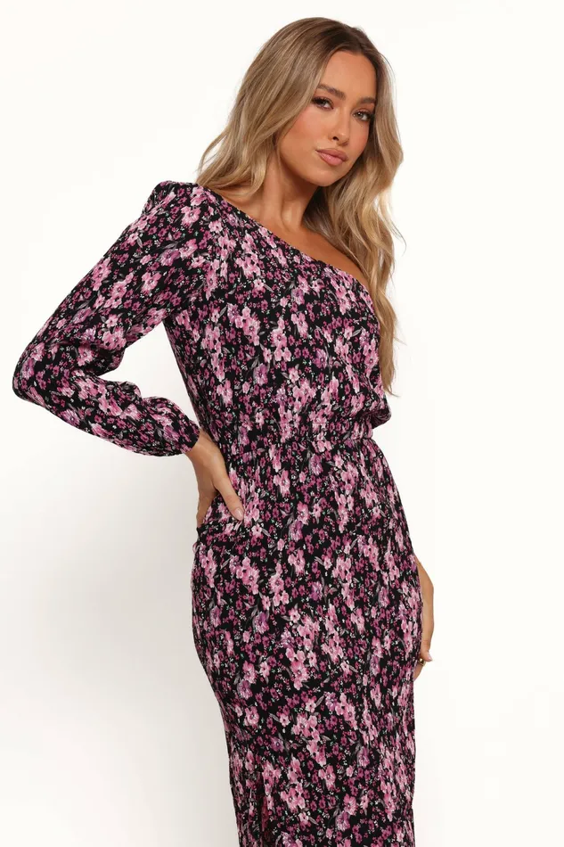 Women Petal and Pup Pontee One Shoulder Pleated Midi Dress BlackPurple Fall Dresses