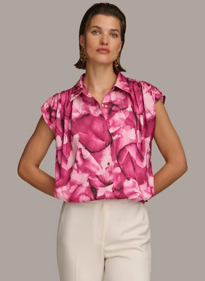 Women PRINT CINCHED SHOULDER BLOUSE Cactus Flower Donna Karan New York Sweaters And Tops