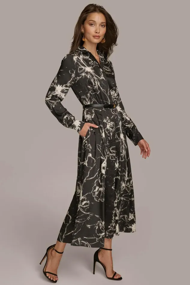 Women PRINTED SHIRT DRESS WITH BELT Black Donna Karan New York Dresses And Jumpsuits
