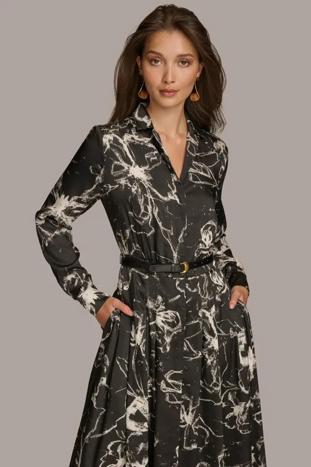 Women PRINTED SHIRT DRESS WITH BELT Black Donna Karan New York Dresses And Jumpsuits