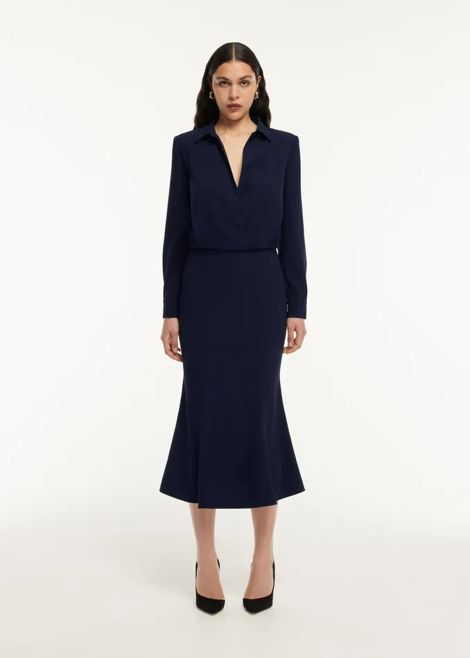 Women Roland Mouret Clothing Long Sleeve Collar Satin Crepe Midi Dress