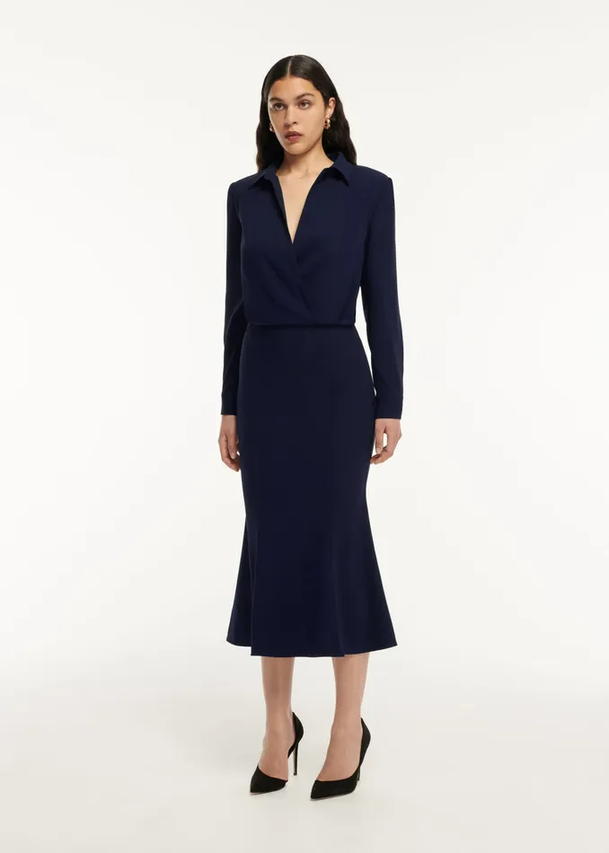 Women Roland Mouret Clothing Long Sleeve Collar Satin Crepe Midi Dress