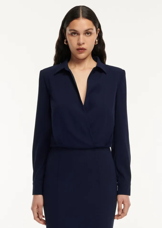 Women Roland Mouret Clothing Long Sleeve Collar Satin Crepe Midi Dress