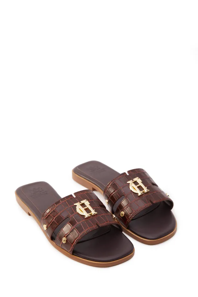 Women Sandals and Slides Holland Cooper Monogram Slides Chocolate Croc Women Sandals and Slides Holland Cooper Monogram Slides Chocolate Croc