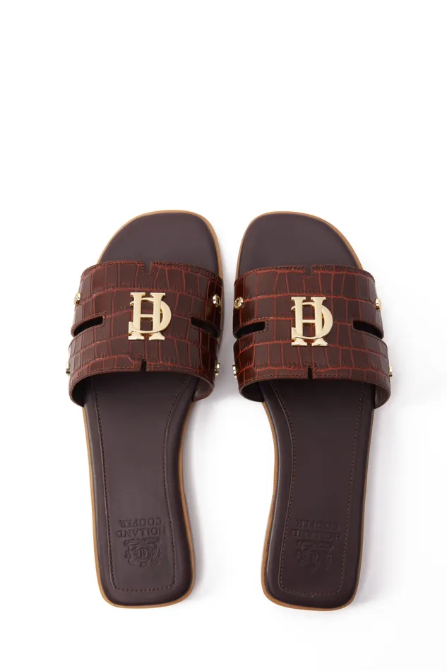 Women Sandals and Slides Holland Cooper Monogram Slides Chocolate Croc Women Sandals and Slides Holland Cooper Monogram Slides Chocolate Croc