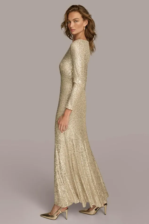 Women SEQUIN BOAT NECK GOWN Canvassilver Donna Karan New York Dresses And Jumpsuits