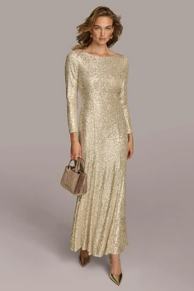 Women SEQUIN BOAT NECK GOWN Canvassilver Donna Karan New York Dresses And Jumpsuits