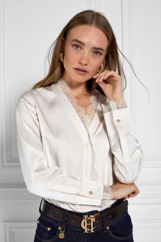Women Shirts and Blouses Holland Cooper Lace VNeck Blouse Oyster