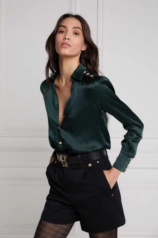 Women Shirts and Blouses Holland Cooper Silk VNeck Blouse Emerald