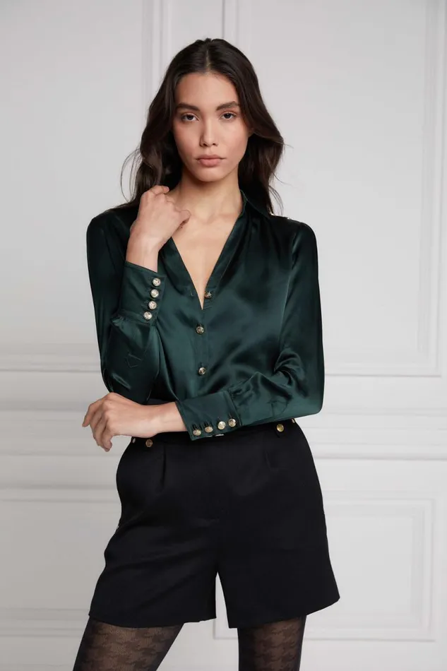 Women Shirts and Blouses Holland Cooper Silk VNeck Blouse Emerald