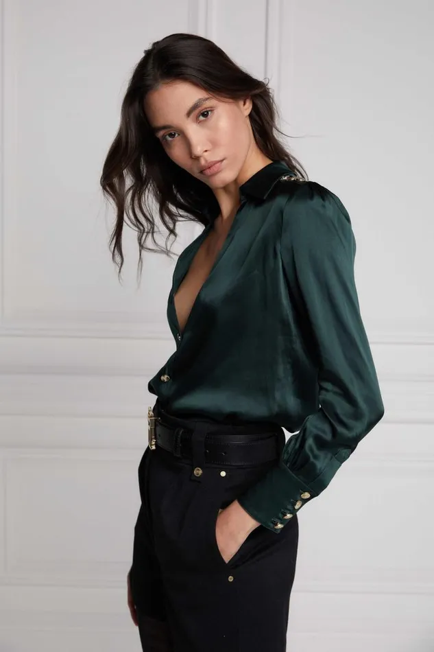 Women Shirts and Blouses Holland Cooper Silk VNeck Blouse Emerald