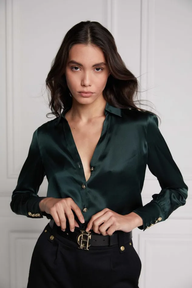 Women Shirts and Blouses Holland Cooper Silk VNeck Blouse Emerald